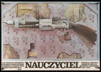4a271 TEACHER Polish 27x38 '77 Ploza-Dounski artwork of rifle hanging on wall!