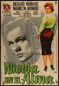 4a080 DON'T BOTHER TO KNOCK Spanish '56 c/u art of Richard Widmark & crazy sexy Marilyn Monroe!