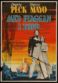 4a006 CAPTAIN HORATIO HORNBLOWER Swedish '51 Gregory Peck with sword & pretty Virginia Mayo!