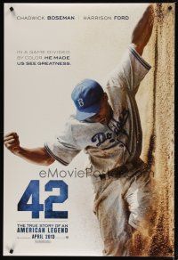4b012 42 teaser DS 1sh '13 baseball, image of Chadwick Boseman as Jackie Robinson sliding home!