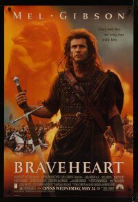 4b118 BRAVEHEART advance 1sh '95 cool image of Mel Gibson as William Wallace!