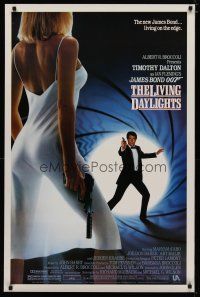 4b503 LIVING DAYLIGHTS 1sh '87 Dalton as Bond & sexy Maryam d'Abo in sheer dress w/gun!