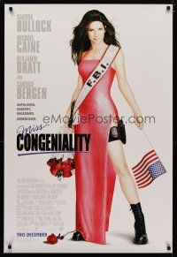 4b550 MISS CONGENIALITY advance DS 1sh '00 wacky image of sexy Sandra Bullock in dress w/pistol!