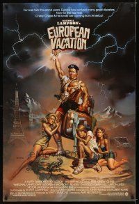 4b571 NATIONAL LAMPOON'S EUROPEAN VACATION 1sh '85 Vallejo art of Chevy Chase, Beverly D'Angelo!