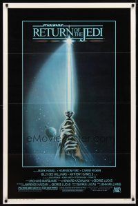 4b657 RETURN OF THE JEDI 1sh '83 George Lucas classic, great artwork of hands holding lightsaber!