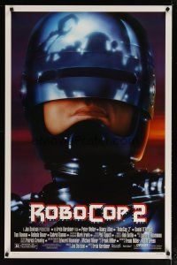 4b664 ROBOCOP 2 1sh '90 great close up of cyborg policeman Peter Weller, sci-fi sequel!