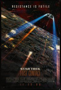 4b742 STAR TREK: FIRST CONTACT int'l advance DS 1sh '96 starship Enterprise above Borg cube!