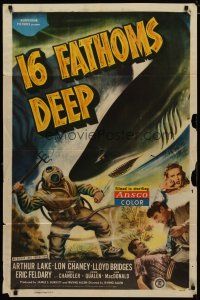 4d005 16 FATHOMS DEEP 1sh '48 Lon Chaney Jr, great dramatic art of deep sea diver vs killer shark!