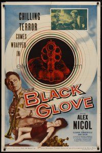 4d101 BLACK GLOVE 1sh '54 really cool pointing gun, Alex Nicol w/trumpet & sexy full-length girl!