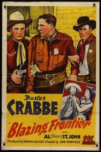 4d115 BLAZING FRONTIER 1sh '43 cool cowboy images of Buster Crabbe, Al 'Fuzzy' St. John!