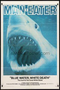 4d137 BLUE WATER, WHITE DEATH 1sh '71 cool super close image of great white shark with open mouth!