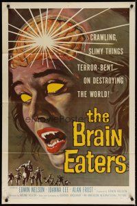 4d148 BRAIN EATERS 1sh '58 AIP, classic horror art of girl's brain exploding!