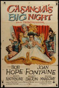 4d179 CASANOVA'S BIG NIGHT 1sh '54 wacky artwork of Bob Hope in bed, Joan Fontaine!