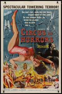 4d199 CIRCUS OF HORRORS 1sh '60 outrageous horror art of super sexy trapeze girl hanging by neck!