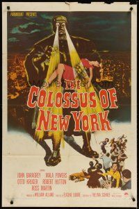 4d209 COLOSSUS OF NEW YORK 1sh '58 great art of robot monster holding sexy girl & attacking!