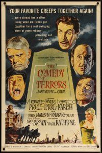 4d210 COMEDY OF TERRORS 1sh '64 Boris Karloff, Peter Lorre, Vincent Price, Joe E. Brown, Tourneur