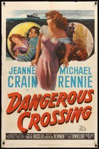 4d255 DANGEROUS CROSSING 1sh '53 artwork of very sexy Jeanne Crain in nightie, Michael Rennie!