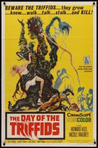 4d260 DAY OF THE TRIFFIDS 1sh '62 classic English sci-fi horror, cool art of monster with girl!