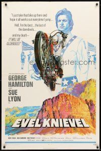 4d335 EVEL KNIEVEL 1sh '71 George Hamilton is THE daredevil, great art of motorcycle jump!