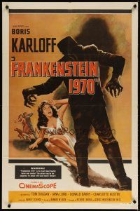 4d368 FRANKENSTEIN 1970 1sh '58 Boris Karloff, great artwork of monster attacking sexy girl!