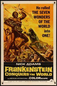4d369 FRANKENSTEIN CONQUERS THE WORLD 1sh '66 Toho, art of monsters terrorizing by Reynold Brown!