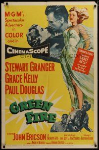 4d407 GREEN FIRE 1sh '54 art of beautiful full-length Grace Kelly & Stewart Granger!