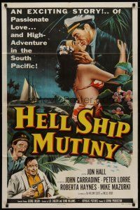 4d440 HELL SHIP MUTINY 1sh '57 Jon Hall kisses tropical bikini babe, Peter Lorre!