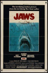 4d504 JAWS 1sh '75 art of Spielberg's classic man-eating shark attacking swimmer!