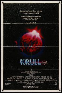 4d543 KRULL advance 1sh '83 Ken Marshall & Lysette Anthony, sci-fi art of world in monster's hand!