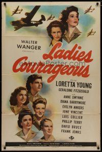 4d550 LADIES COURAGEOUS 1sh '44 airplane factory worker Loretta Young, Diana Barrymore