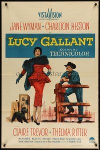 4d588 LUCY GALLANT 1sh '55 full-length image of sexy Jane Wyman walking dog, plus Charlton Heston!