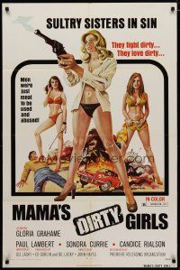 4d598 MAMA'S DIRTY GIRLS 1sh '74 sultry sisters in sin, sexy artwork of babes in bikinis w/guns!