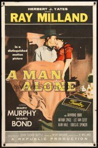 4d602 MAN ALONE 1sh '55 art of star & director Ray Milland carrying Mary Murphy!