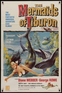 4d613 MERMAIDS OF TIBURON 1sh '62 Diane Webber, underwater art of sexy mermaid & shark!