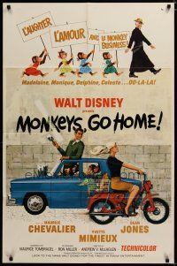 4d627 MONKEYS GO HOME 1sh '67 Disney, art of Maurice Chevalier, Yvette Mimieux & apes!