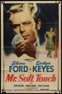 4d636 MR. SOFT TOUCH 1sh '49 gambler Glenn Ford studies his poker hand, sexy Evelyn Keyes!