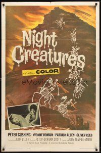 4d658 NIGHT CREATURES 1sh '62 Hammer, great horror art of skeletons riding skeleton horses!