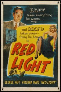 4d725 RED LIGHT 1sh '49 strong-arm George Raft baits his trap w/sexy blonde Virginia Mayo!