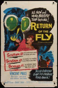 4d731 RETURN OF THE FLY 1sh '59 Vincent Price, cool insect monster art, more horrific than before!