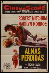 4d738 RIVER OF NO RETURN Spanish/U.S. 1sh '54 great art of Robert Mitchum holding down Marilyn Monroe!