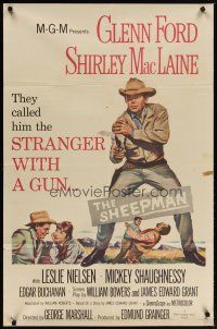 4d773 SHEEPMAN 1sh '58 cool art of Glenn Ford pointing smoking gun, Shirley MacLaine!