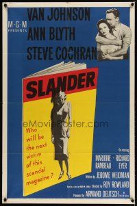 4d780 SLANDER 1sh '57 will Van Johnson & Ann Blyth be the victim of a slanderous sex magazine!