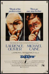 4d785 SLEUTH 1sh '72 close-ups of Laurence Olivier & Michael Caine with magnifying glasses!