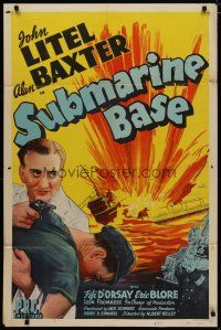 4d832 SUBMARINE BASE 1sh '43 John Litel, Alan Baxter, exploding u-boat artwork!