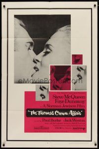 4d881 THOMAS CROWN AFFAIR 1sh '68 best kiss close up of Steve McQueen & sexy Faye Dunaway!