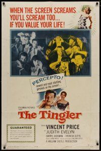 4d895 TINGLER 1sh '59 Vincent Price, William Castle, terrified audience, presented in Percepto!