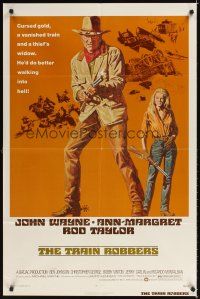 4d912 TRAIN ROBBERS 1sh '73 great full-length art of cowboy John Wayne & Ann-Margret!
