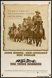 4d913 TRAIN ROBBERS style B 1sh '73 cowboy John Wayne & Ann-Margret on horseback!