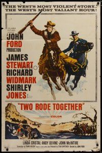 4d923 TWO RODE TOGETHER 1sh '61 John Ford, art of James Stewart & Richard Widmark on horses!