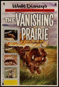 4d930 VANISHING PRAIRIE style A 1sh '54 Disney True-Life Adventure, cool art of stampeding buffalo!